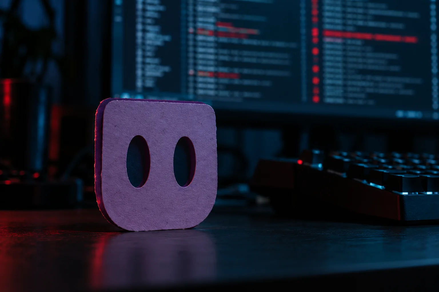 Purple paper bot with tall eyes in front of a monitor with log lines and red errors.