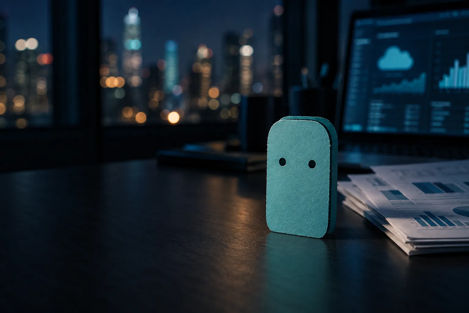 Tall, narrow cyan paper bot on a desk with printed invoices and a monitor with cloud charts, at night, with the city behind.