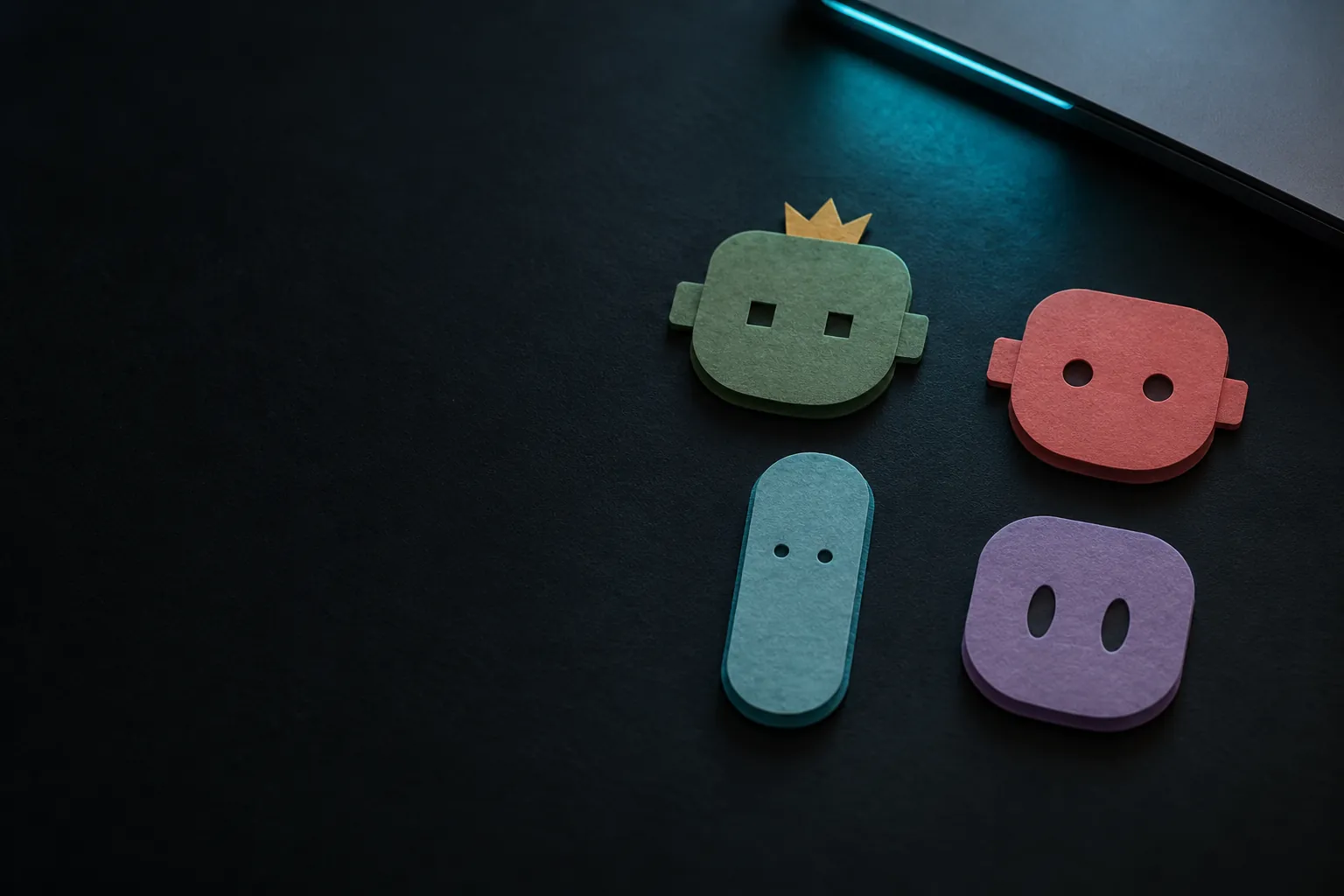 The four paper bots lying down next to a closed laptop, at night.