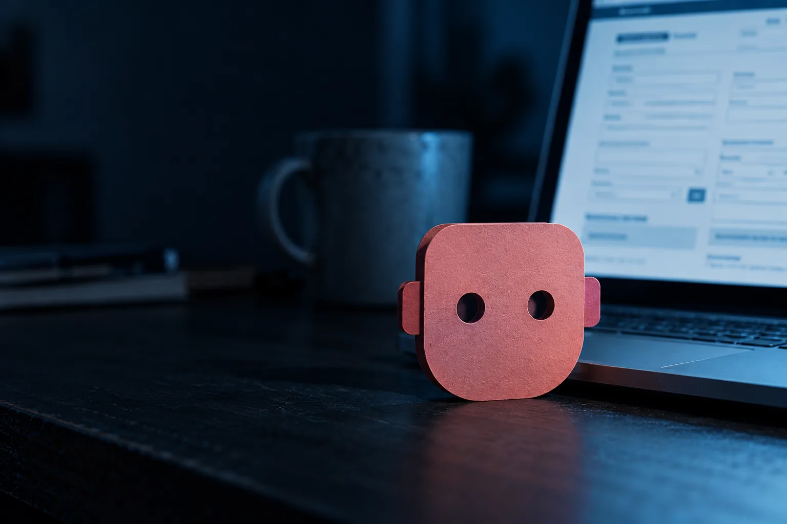 Pink paper bot with a rounded head, round eyes and ears, next to a mug and a laptop open on a form.