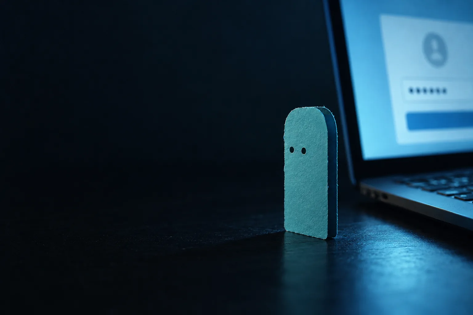 Cyan paper bot standing next to a laptop that shows a password field, turned the other way.